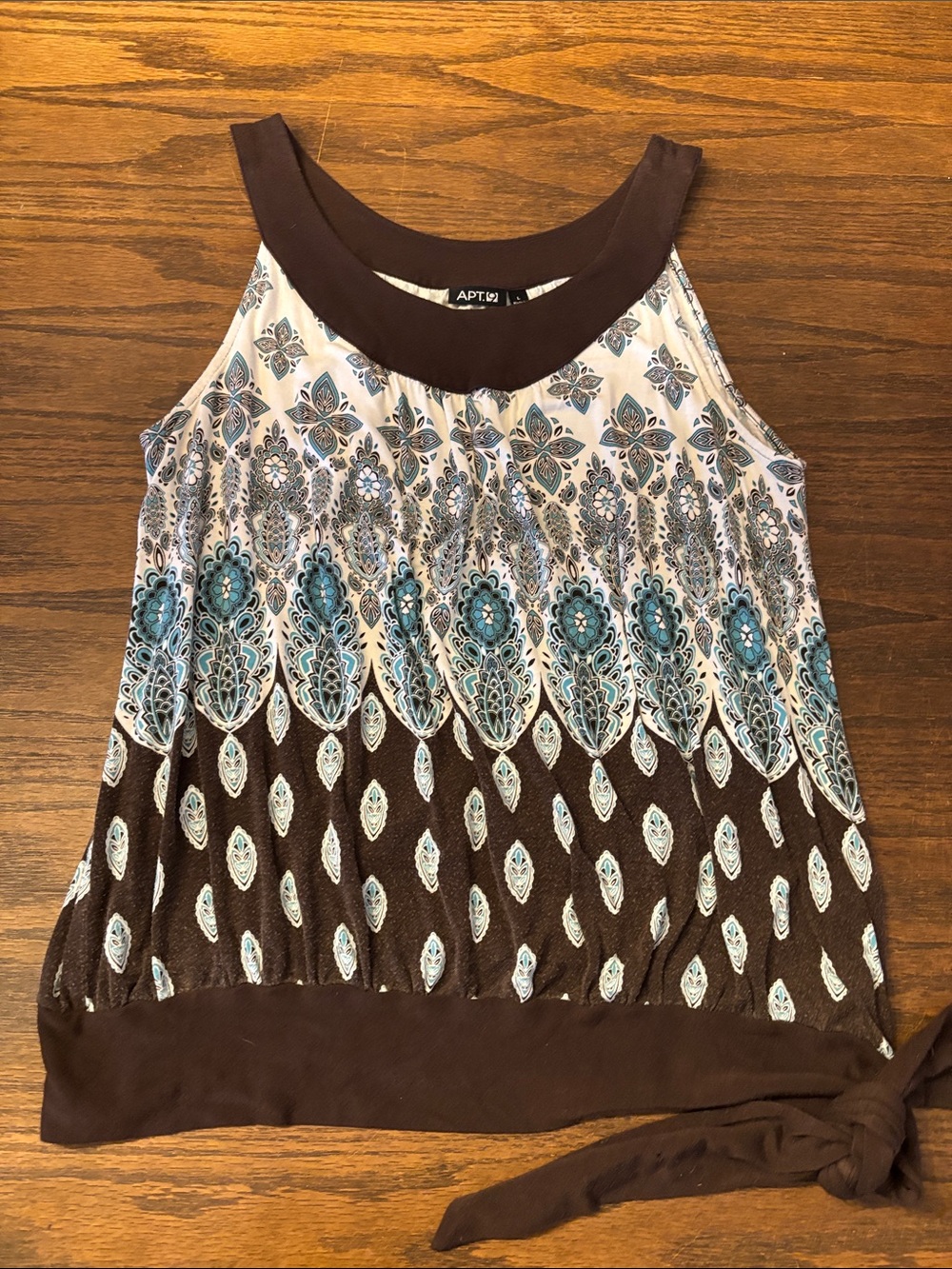 Apt. 9 Brown Yoke Cream Tank with Teal Floral Medallion Print